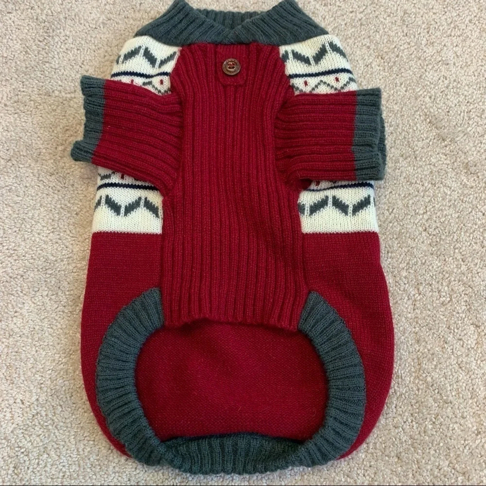 Sam And Coco small breed dog red cream and gray sweater size large